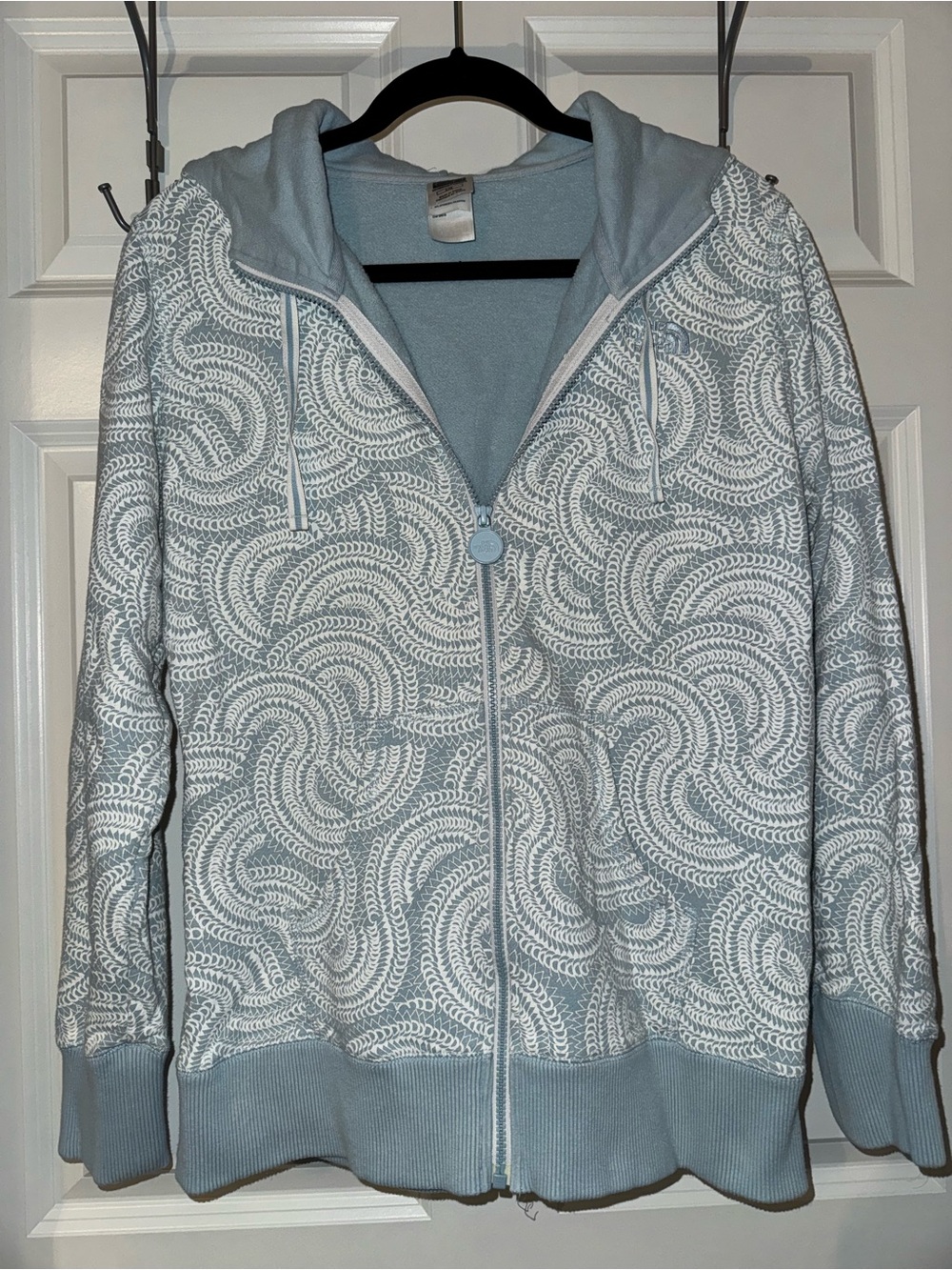 The North Face Light Blue Zip Front Hoodie Jacket with White Swirl Pattern L